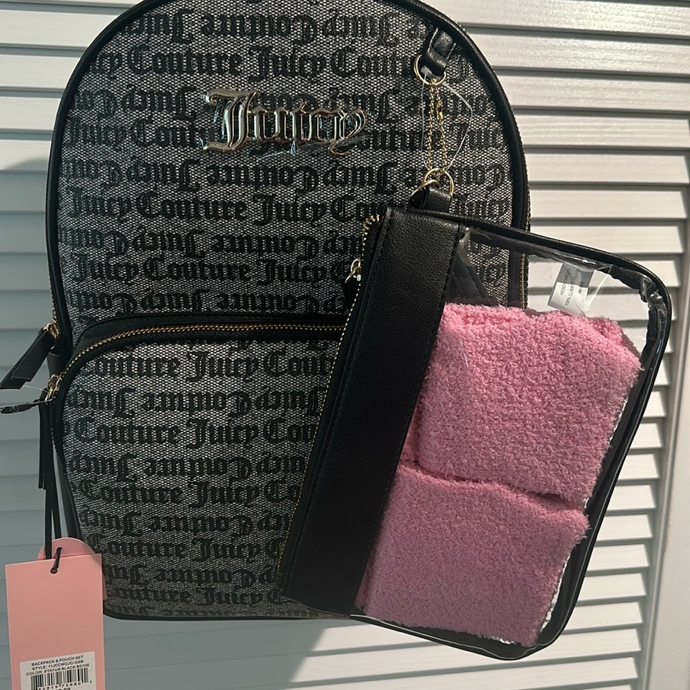 Juicy Couture extra large black & gray backpack with attached pouch w/pink socks